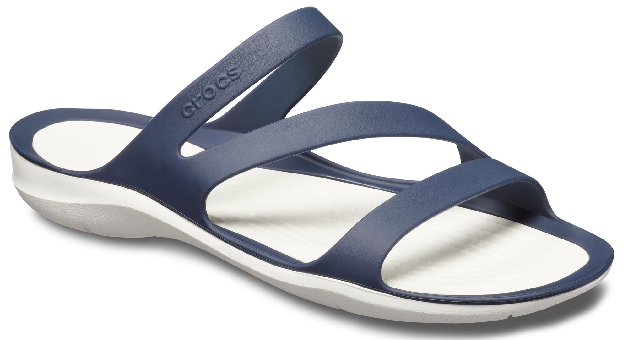 Badepantolette CROCS "Swiftwater Sandal", Damen, Gr. 37, weiß (navy weiß), Croslite™, Sportlich, Schuhe Badelatschen Pantolette, Sommerschuh, Badeschuh, Poolslides, genoppte Innensohle