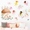 Watercolor Cartoon Fairys Garden and plants Wall Stickers Flower Mushroom Wall Decals for Baby Girl