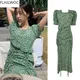 Robe Longue Vintage Verte à Manches Courtes pour Femme Poin Design Coréen Style Japonais