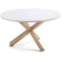 Table de salle à manger Lotus blanc ronde ø 120 cm en mélamine avec pieds en bois massif de chêne