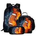 FKELYI Fire Rugby Backpack Portable Shoulder Bookbags with Pencil Box and Reusable Insulated Lunch Box Picnic College Travel Laptop Backpack Set of 3