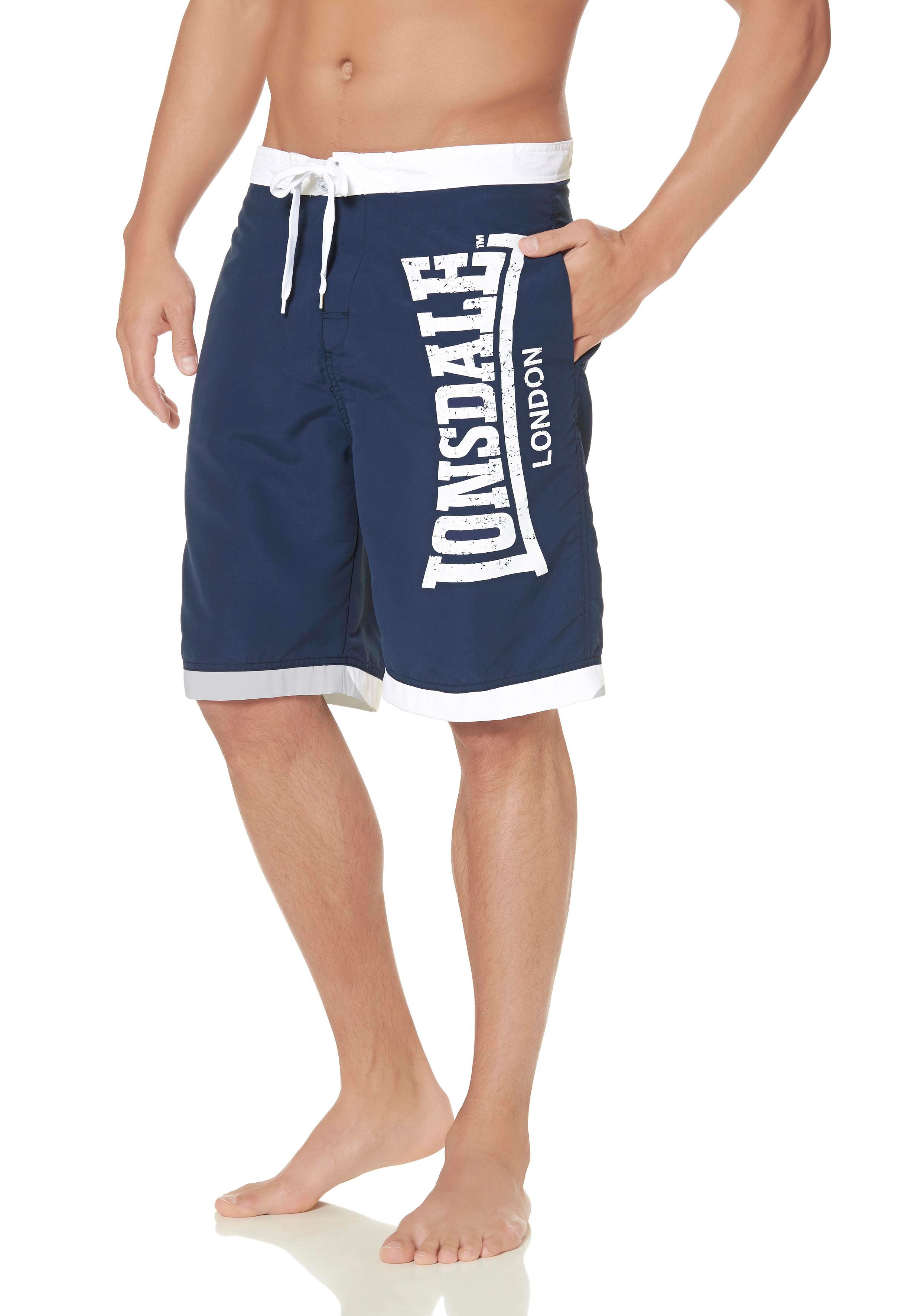 Boardshorts LONSDALE "CLENNELL", Herren, Gr. 3XL, N-Gr, blau (navy, weiß), Obermaterial: 100% Polyester. Futter: 100% Polyester, bedruckt, unifarben mit Farbeinsätzen, Sportlich, bequem, Hosen, Badeshorts, Innenhose aus Mesh Image