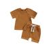 Diconna Baby Boys Girls Summer Outfits Short Sleeve Waffle Knit T-Shirt + Knot Front Shorts Kids Clothing Set Caramel 6-12 Months