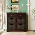Red Barrel Studio® Haze Rustic Storage Cabinet w/ Two Drawers & Four Classic Rattan Basket for Living Room Wood in Brown | Wayfair