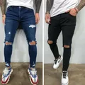 Jeans déchirés coupe slim pour hommes peinture de peinture hip hop denim masculin style de rue