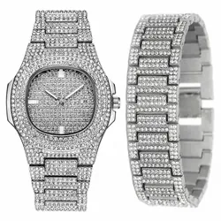 Bracelet + montres pour hommes et femmes 2 pièces horloge glacée Date or bijoux Hip Hop