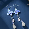 Boucles d'oreilles en argent 925 avec pompon en émail bleu pour femme longues boucles d'oreilles