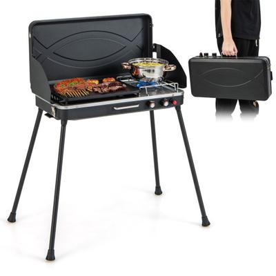 Costway 2-in-1 Gas Camping Grill and Stove with Detachable Legs-Black