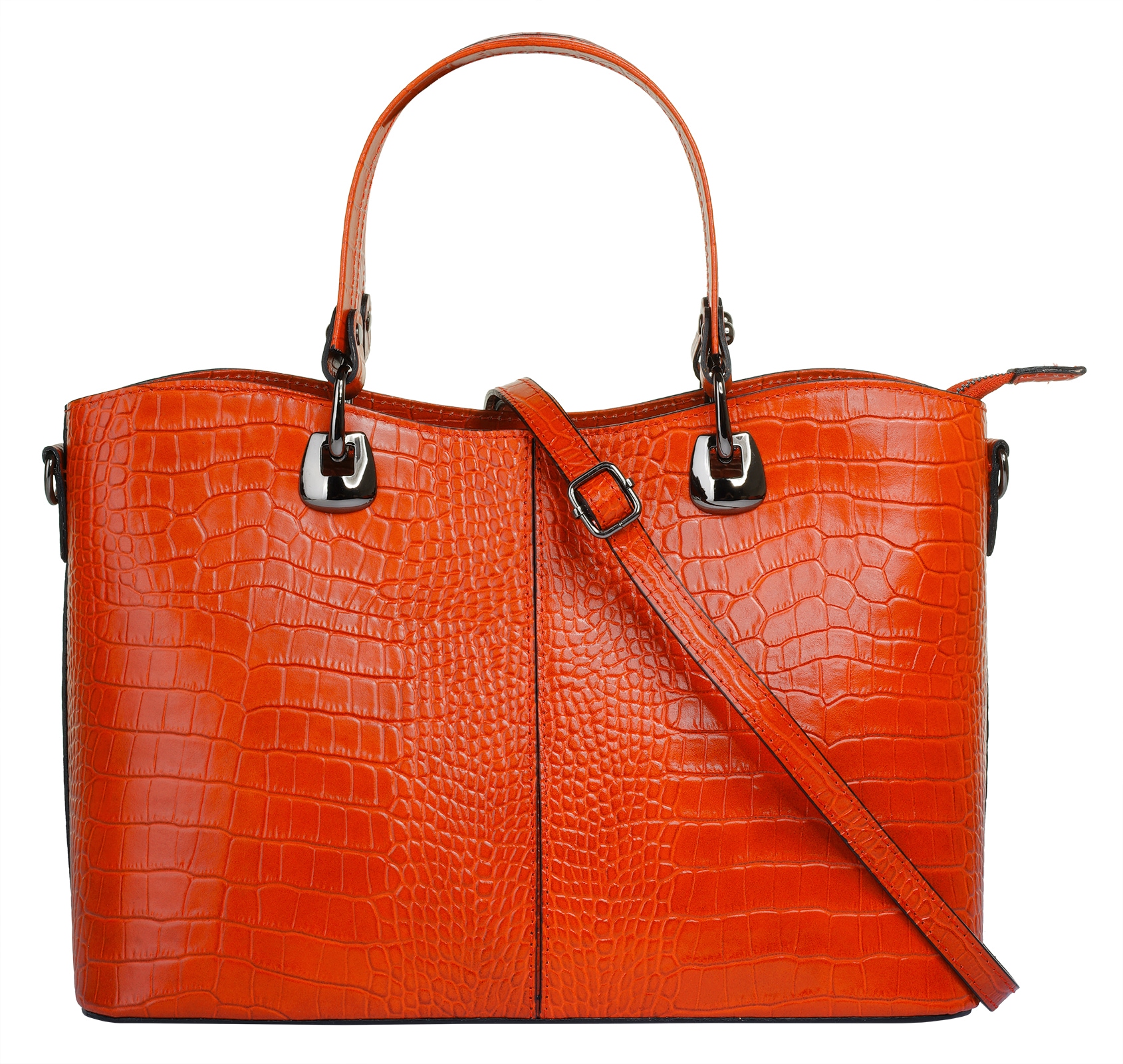 Henkeltasche CLUTY, Damen, Gr. B/H/T: 32cm x 22cm x 11cm onesize, orange, Leder, Reptilienprägung, Taschen, echt Leder, Made in Italy