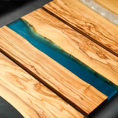 Planche à découper en bois d'olivier outils de cuisine mosaïque en résine bleu ciel