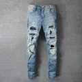 Jean de moto déchiré avec biscuits rétro pour hommes pantalon Bootcut bleu rue trou punk hip