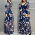 Robe maxi en mousseline de soie à col en V imprimé floral manches longues lanterne vêtements de