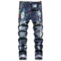 Jean Denim Peint pour Homme Streetwear Troué Déchiré DistMurcia Pantalon Bleu Slim Conique