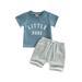 Toddler Baby Boy Summer Clothes Short Set Short Sleeve Letter Print Stripes T-Shirt with Elastic Waist Shorts Outfit