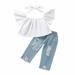 Girl Take Home Outfit 2t Girl Clothes Headband Baby + Jeans 16Y Toddler Shoulder Hole Set Off Outfits 3PCS Denim Crop Tops Kids Girls Pants Girls Outfits&Set Twin Girls Matching Outfits