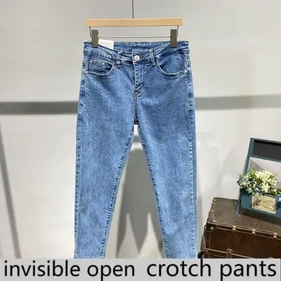 Pantalon à entrejambe ouvert bleu foncé jean court pour homme Style coréen fermeture éclair