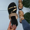 Sandales à Talons Plats en Cuir Verni Or et Argent pour Femme Pantoufles de Plage Décontractées à