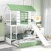 White+Green Twin over Twin Size Wood House Bed Bunk Bed with Convertible Slide and Trundle