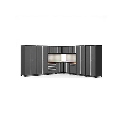 NewAge Products PRO 3.0 Series Grey 16-Piece Corner Cabinet Set with Bamboo Tops Backsplash and LED Lights