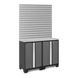 NewAge Products BOLD 3.0 Series Grey 4-Piece Cabinet Set with Stainless Top and 16 Sq. Ft. Steel Slatwall