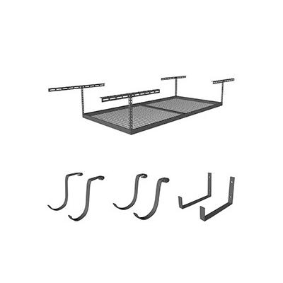 SafeRacks 4'x8' Overhead Storage Combo 12" to 21" Drop - Hammertone (2 Racks and 18 Hooks)