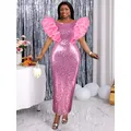 Robe longue rose à paillettes pour femmes tenue de soirée et de mariage coupe ajustée sans