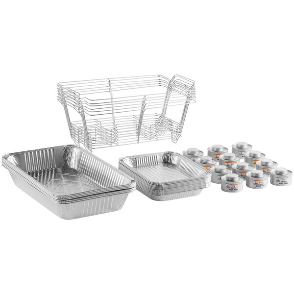 Choice 36 Piece Full Size Disposable Chafer Dish Kit with (6) Wire Stands, (6) Deep Pans, (12) 1/2 Size Shallow Pans, and (12) 4 Hour Wick Fuels