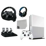 Microsoft 234-00051 Xbox One S White 1TB Gaming Console with Logitech G920 Steering Wheel BOLT AXTION Bundle Like New