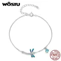 WOSTU-Bracelet libellule en argent regardé 925 pour femme accessoires en émail bleu-vert réglable