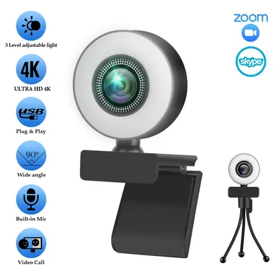 Webcam Full HD 1080P 2K 4K avec éclairage Ring Fill caméra de diffusion en direct sur ordinateur