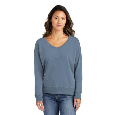 Port & Company LPC098V Women's Beach Wash Garment-Dyed V-Neck Sweatshirt in Faded Denim size Large | 80/20 cotton/Polyester blend