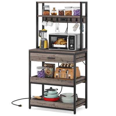 Kitchen Bakers Rack with Power Outlets, High Utility Storage Shelves Microwave Stand with Drawers