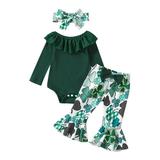 AmShibel 3Pcs Baby Girl Irish Festival Outfits St. Patrick s Lace Collar Romper + Shamrock Flare Pants + Headband Set