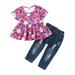 Kucnuzki 12 Months Baby Girl Summer Outfits Pants Sets 18 Months Short Sleeve Sweet Floral Prints Ruffles Peplum Tops Elastic Ripped Denim Pants 2PCS Set Purple