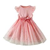 JDEFEG 5 Year Clothes Kids Toddler Children Baby Girls Bowknot Ruffle Short Sleeve Tulle Birthday Dresses Patchwork Party Dress Princess Dress Outfits Clothes Girl Outfits Size 10 Polyester Pink 3Y
