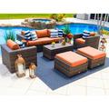 Sorrento 6-Piece L Resin Wicker Outdoor Patio Furniture Lounge Sofa Set in Brown w/ Three-seat Sofa Two Armchairs Two Ottomans and Coffee Table (Flat-Wicker Brown Wicker Sunbrella Canvas Tuscan)