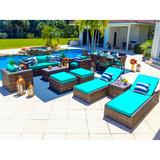 Sorrento 18-Piece Resin Wicker Outdoor Patio Furniture Combination Set in Brown w/ Sofa Set Eight-seat Dining Set and Chaise Lounge Set (Flat-Weave Brown Wicker Sunbrella Canvas Aruba)