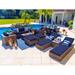 Sorrento 16-Piece Resin Wicker Outdoor Patio Furniture Combination Set in Brown w/ Sofa Set Six-seat Dining Set and Chaise Lounge Set (Flat-Weave Brown Wicker Sunbrella Canvas Navy)