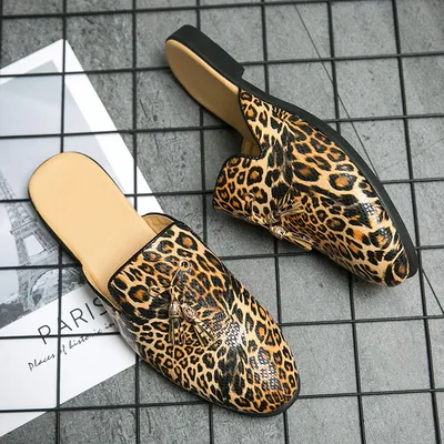 Mocassins léopard décontractés en cuir verni pour hommes pantoufles de créateur mules d'été de