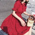 MISHOW-Robe vintage pour femmes manches courtes bouffantes mini rouge ajourée décontractée