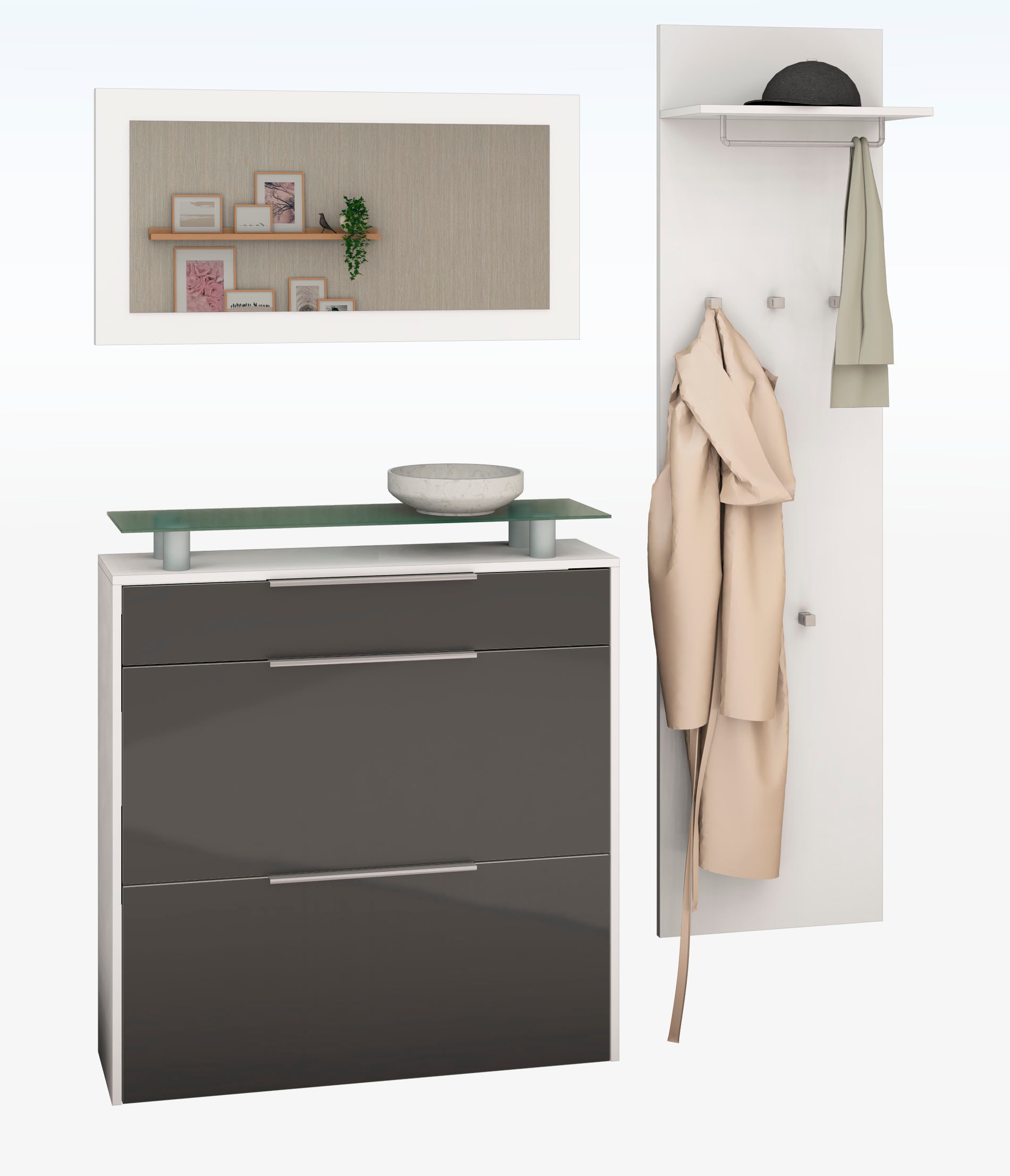 Garderoben-Set BORCHARDT MÖBEL "Oliva", weiß (weiß matt, graphit hg), Kastenmöbel-Sets, (3-tlg.), mit hängendem Schuhschrank, Paneel und Spiegel