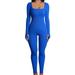 Women Ribbed Knit Jumpsuit Long Sleeve Square Neck Bodycon Romper Casual Solid Color One Piece Bodysuit