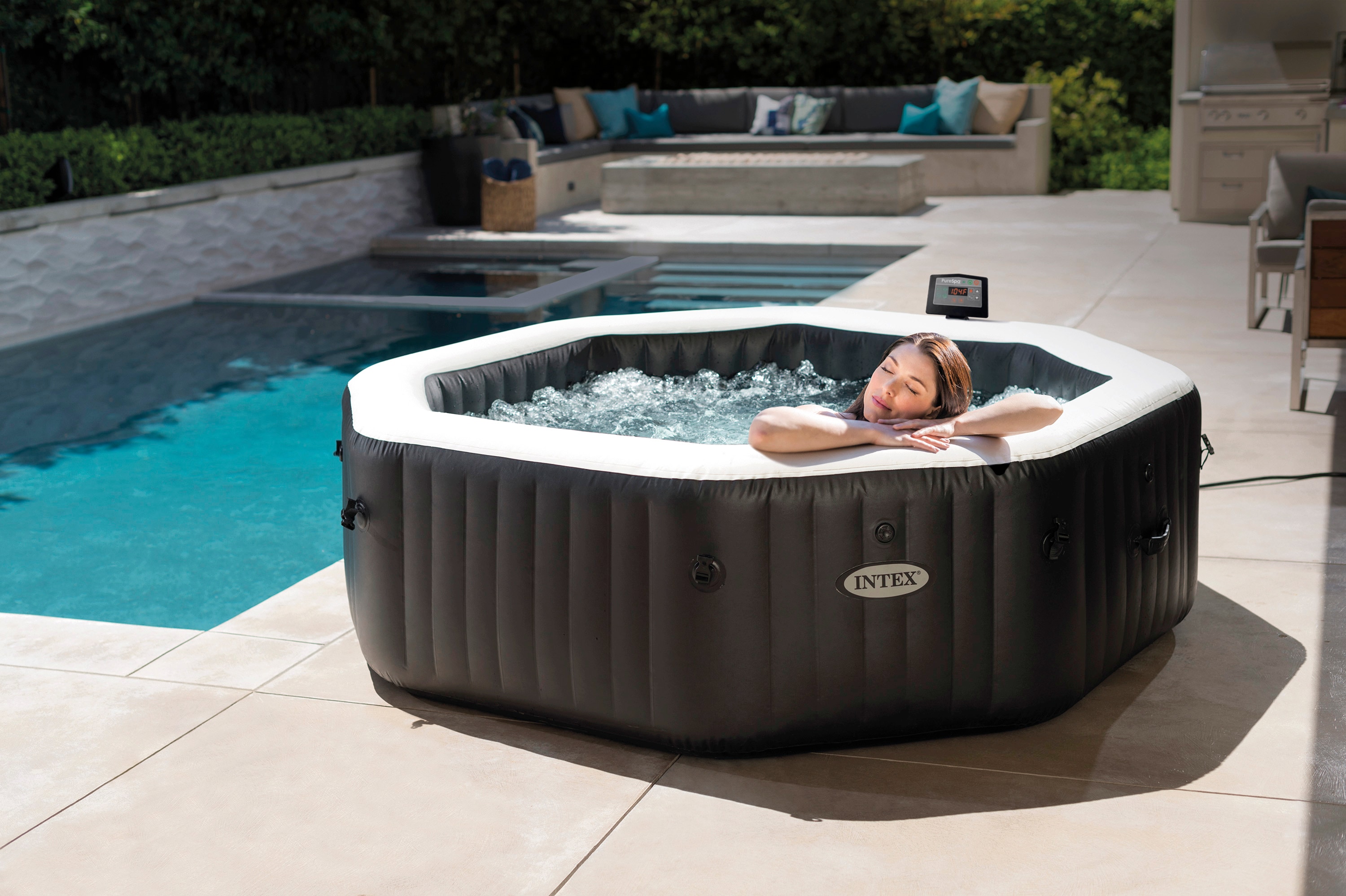 Whirlpool INTEX "PureSPA "Jet + Bubble Deluxe" octagon, onyx black", bunt (schwarz, weiß, beige), B:201cm H:71cm L:201cm, Whirlpools, 8-tlg., mit Salzwassersystem, in verschiedenen Größen Image