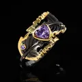 Bague Vintage à deux feuilles en argent 925 clip d'amour violet zircon noir or pour femme