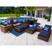 Tuscany 16-Piece Resin Wicker Outdoor Patio Furniture Combination Set with Sofa Ottoman Set Round Dining Set and Chaise Lounge Set (Half-Round Brown Wicker Sunbrella Canvas Navy)