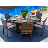 Tuscany 7-Piece Resin Wicker Outdoor Patio Furniture Round Dining Table Set with Dining Table and Six Cushioned Chairs (Half-Round Brown Wicker Polyester Light Gray)
