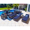 Tuscany 16-Piece Resin Wicker Outdoor Patio Furniture Combination Set with Loveseat Lounge Set Six-seat Dining Set and Chaise Lounge Set (Half-Round Gray Wicker Sunbrella Canvas Navy)