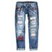 Blibea Baseball Print Patchwork Denim Jeans for Women Straight Leg Ripped Distressed Jeans Sky Blue 10