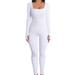 Women Ribbed Knit Jumpsuit Long Sleeve Square Neck Bodycon Romper Casual Solid Color One Piece Bodysuit