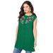 Plus Size Women's Sleeveless Embroidered Angelina Tunic by Roaman's in Emerald Folk Embroidery (Size 30 W)